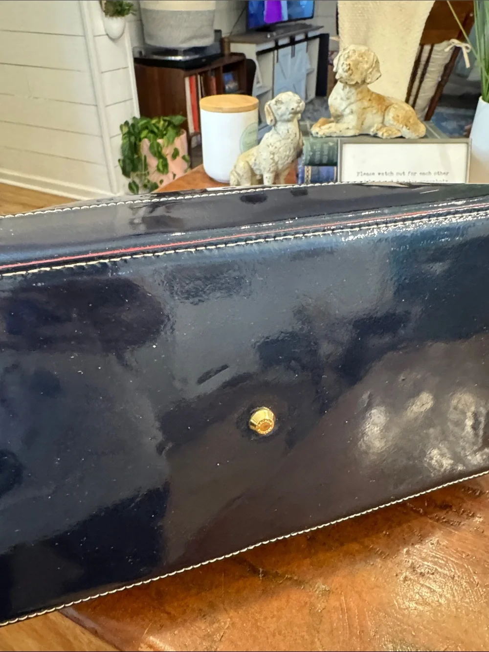 Arcadia Patent Dome Satchel in Navy with Red Trim